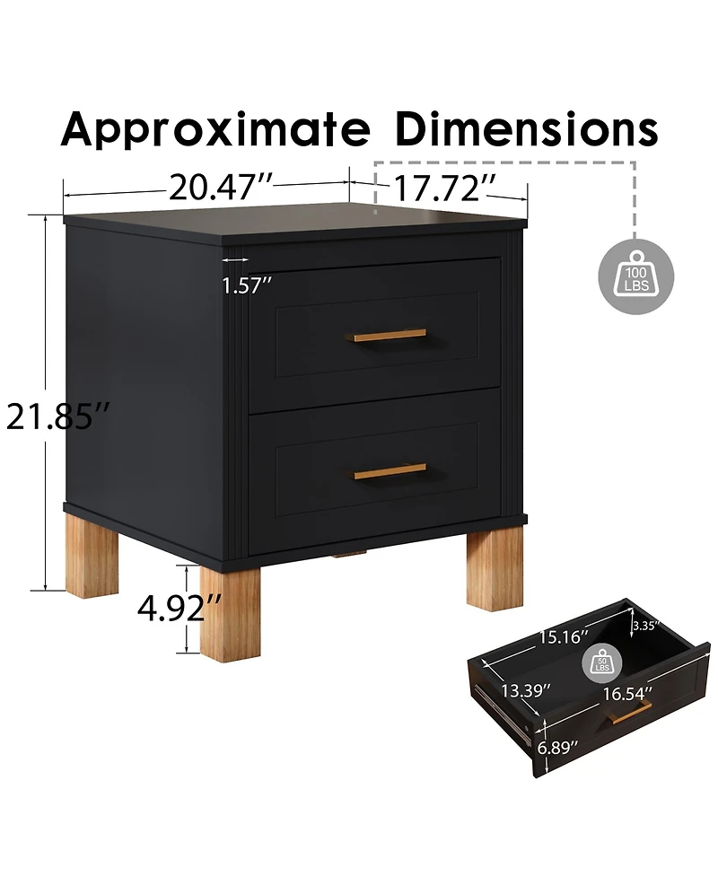 Clihome 2 Drawer Nightstand, Solid Wood Legs Nightstand with Metal Handle, Tall Bedside Table