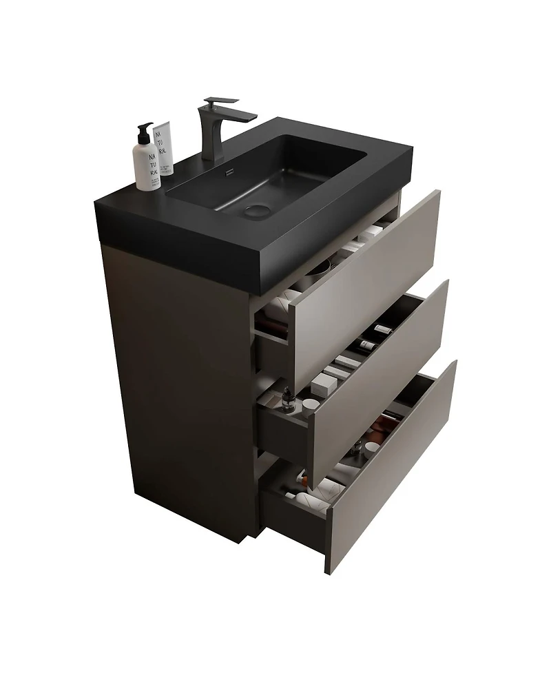 Sillysis Contemporary Bathroom Vanity with Black Sink, Large Soft Close Drawers, Handle-Free Freestanding Storage