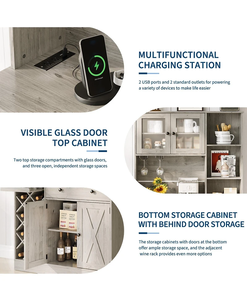 homfan Coffee Bar Cabinet with Power Outlet and Barn Doors, Sideboard Buffet with Wine Rack, Storage Cabinet for Kitchen, Dining Room