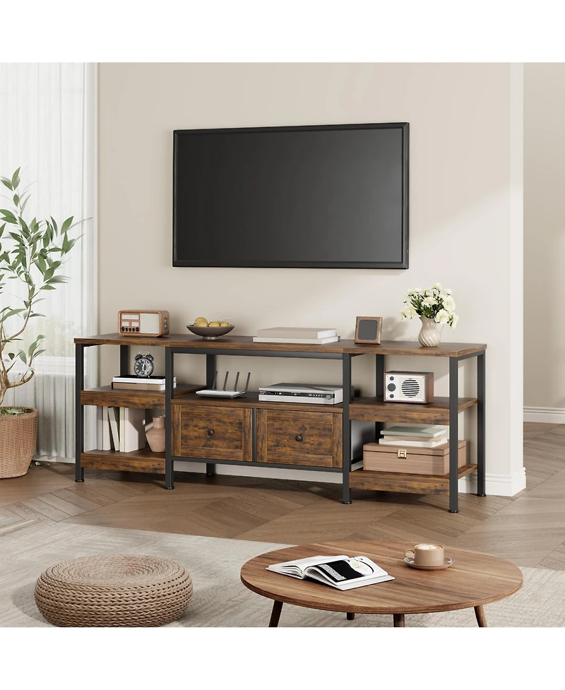 homfan Industrial Tv Stand with Metal Frame, 2 Fabric Drawers and Open Storage Shelves, Modern Living Room Entertainment Center, Fits Tv's