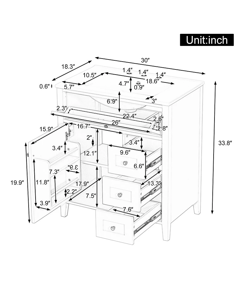 Sillysis 30 Inch Modern Bathroom Vanity with Storage Cabinet, Solid Wood Legs, Flip Drawer and Adjustable Shelves