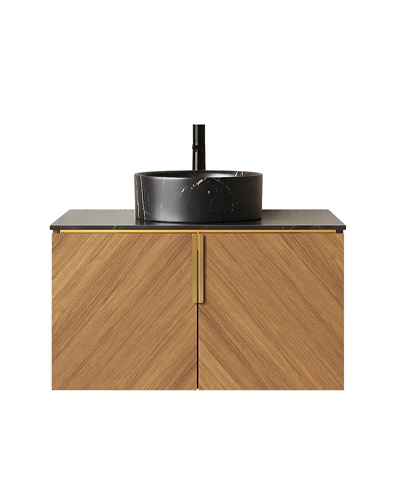 Sillysis Floating Bathroom Vanity Cabinet with Ceramic Vessel Sink, Sintered Stone Countertop, Large Storage