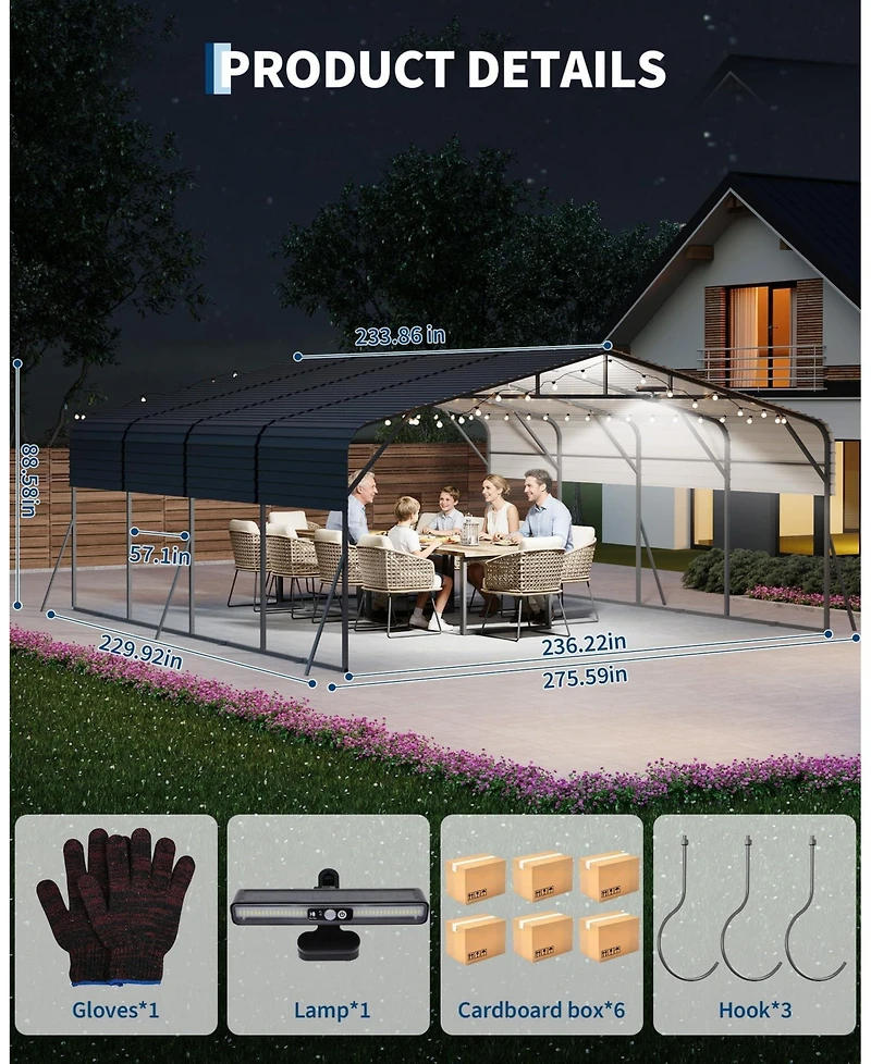 homfan Hardtop Steel Carport with Solar Light, Heavy Duty Metal Vehicle Shelter for Cars Trucks Boats Driveway Patio
