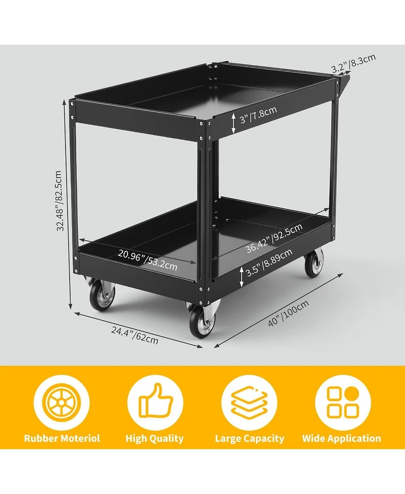 homfan 2 Tier Bar Cart, 40 Inch Heavy Duty Utility Cart with Ergonomic Handle and Locking Casters for Kitchen or Pantry