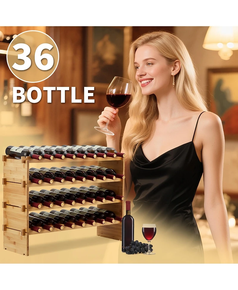 homfan 33"W Material Wine Rack with 4-Tier Shelves Holds 36 Bottles. Countertop Wine Storage for Kitchen Dining Room Bar