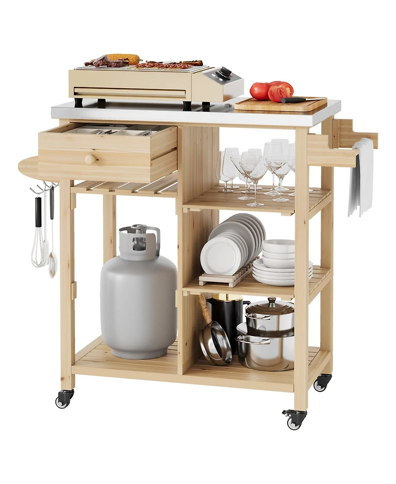 homfan Portable Bar Cart, 41 Inch Wood Kitchen Island with Stainless Steel Top and Locking Wheels for Patio