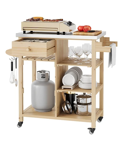 homfan Portable Bar Cart, 41 Inch Wood Kitchen Island with Stainless Steel Top and Locking Wheels for Patio