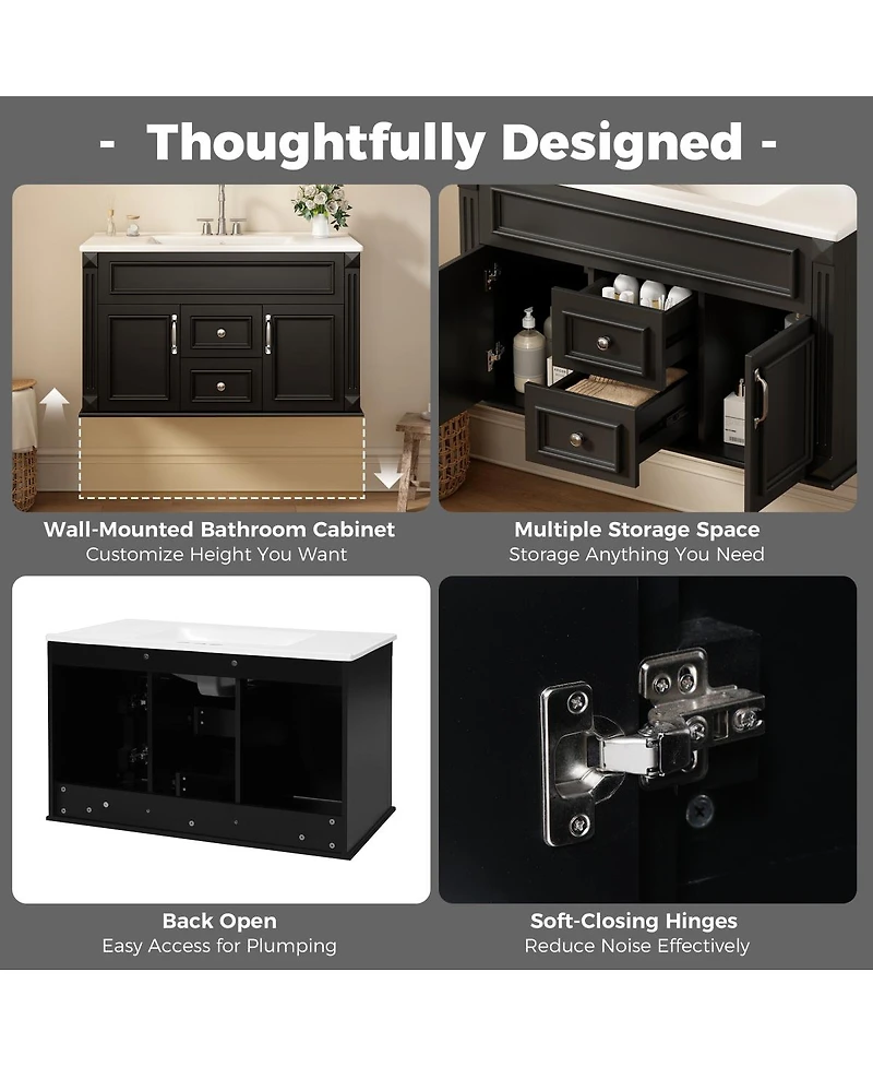 Sillysis 36 Inch Floating Bathroom Vanity with Ceramic Sink, Wall Mounted Modern Cabinet, Soft Close Drawers, French Vintage Style