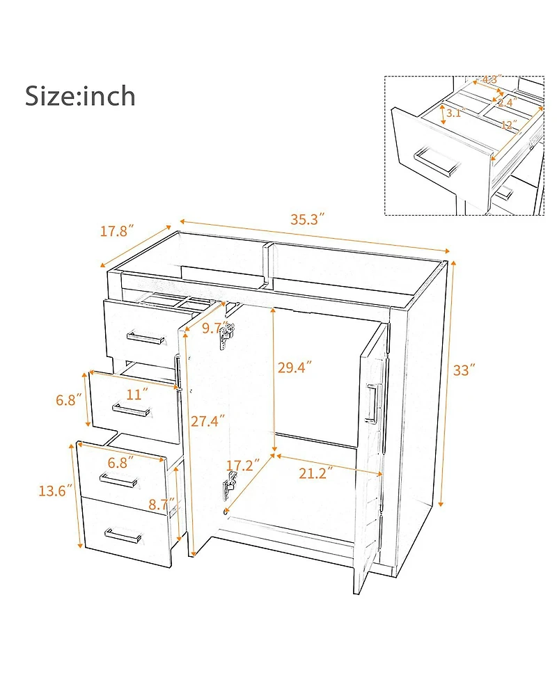 Sillysis 36 Inch Modern Freestanding Bathroom Vanity without Top, Solid Wood Frame, 3 Drawers Storage, Soft Close Doors