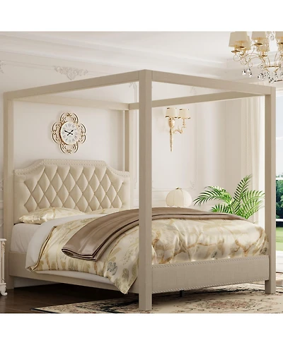 homfan Canopy Bed Frame with Upholstered Headboard, Four Poster Design, and Slide Rail, No Box Spring Required, Wooden Slatted Structure