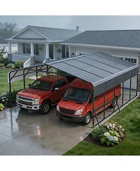 homfan Hardtop Steel Carport with Solar Light, Heavy Duty Metal Vehicle Shelter for Cars Trucks Boats Patio Driveway