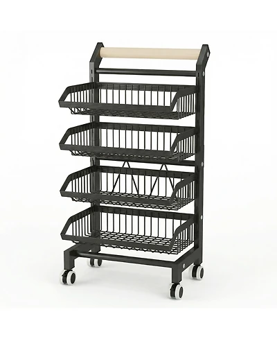 homfan 3 Tier Bar Cart, 32 Inch Foldable Carbon Steel Rolling Storage Cart with Locking Wheels for Kitchen or Pantry