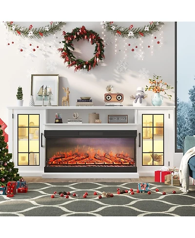 homfan Farmhouse Fireplace Tv Stand, 3-Sided Electric Fireplace, 12 Led Flame Colors, 40 Inch Heater, 2-Tier Storage and Glass Cabinets, Fits TVs