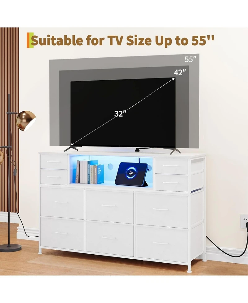 gaomon Dresser for Bedroom with 10 Fabric Drawers, Tv Stand with Led Light and Charging Station for 45, 50, 55 Inch Tv