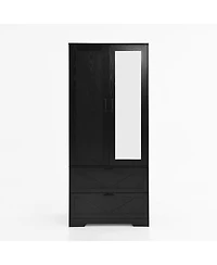 Streamdale Furniture 2-Door Wood Wardrobe with Hanging Rod 2 Drawers Mirror and Induction Light