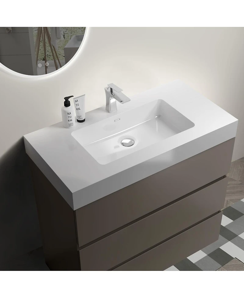 Sillysis Modern Freestanding Bathroom Vanity with Stone Sink, Soft Close Drawers, Handle-Free Storage Cabinet, Pre-assembled