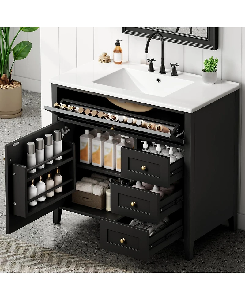 Sillysis 36 Inch Modern Bathroom Vanity with Ceramic Sink, Storage Cabinet, Solid Wood Legs and Adjustable Shelves