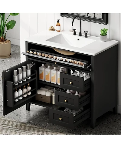 Sillysis 36 Inch Modern Bathroom Vanity with Ceramic Sink, Storage Cabinet, Solid Wood Legs and Adjustable Shelves