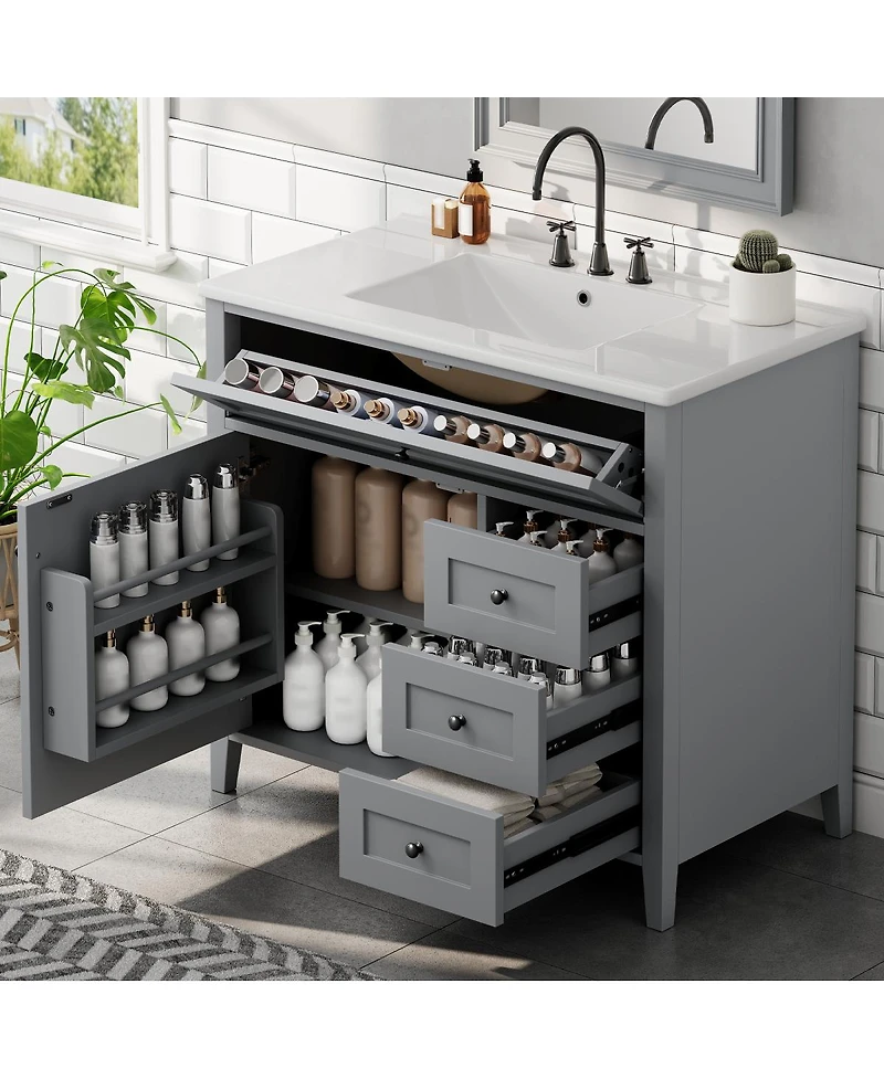 Sillysis 36 Inch Modern Bathroom Vanity with Ceramic Sink, Storage Cabinet, Solid Wood Legs and Adjustable Shelves