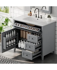 Sillysis 36 Inch Modern Bathroom Vanity with Ceramic Sink, Storage Cabinet, Solid Wood Legs and Adjustable Shelves