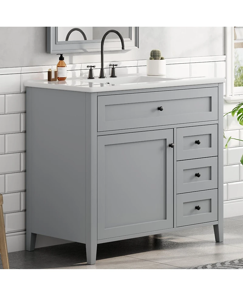 Sillysis 36 Inch Modern Bathroom Vanity with Ceramic Sink, Storage Cabinet, Solid Wood Legs and Adjustable Shelves