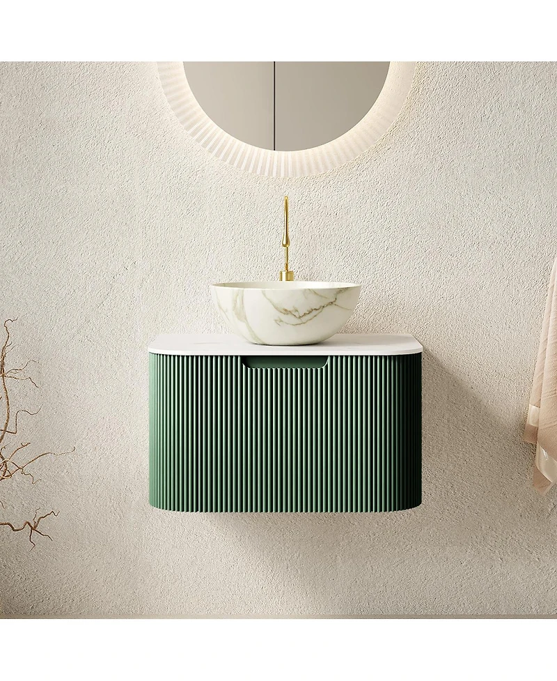 Sillysis Wall-Mounted Bathroom Vanity with Ceramic Sink, Sintered Stone Top, Soft Close Drawer