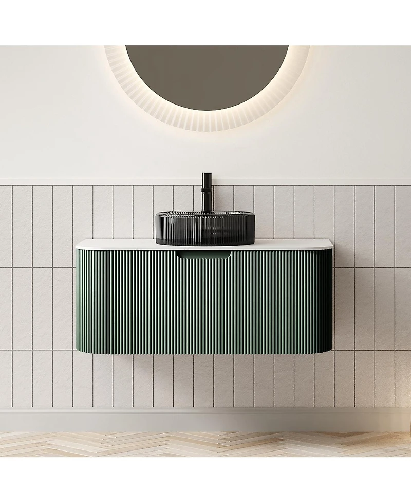 Sillysis Wall-Mounted Bathroom Vanity with Crystal Glass Sink, Sintered Stone Top, Soft Close Drawer