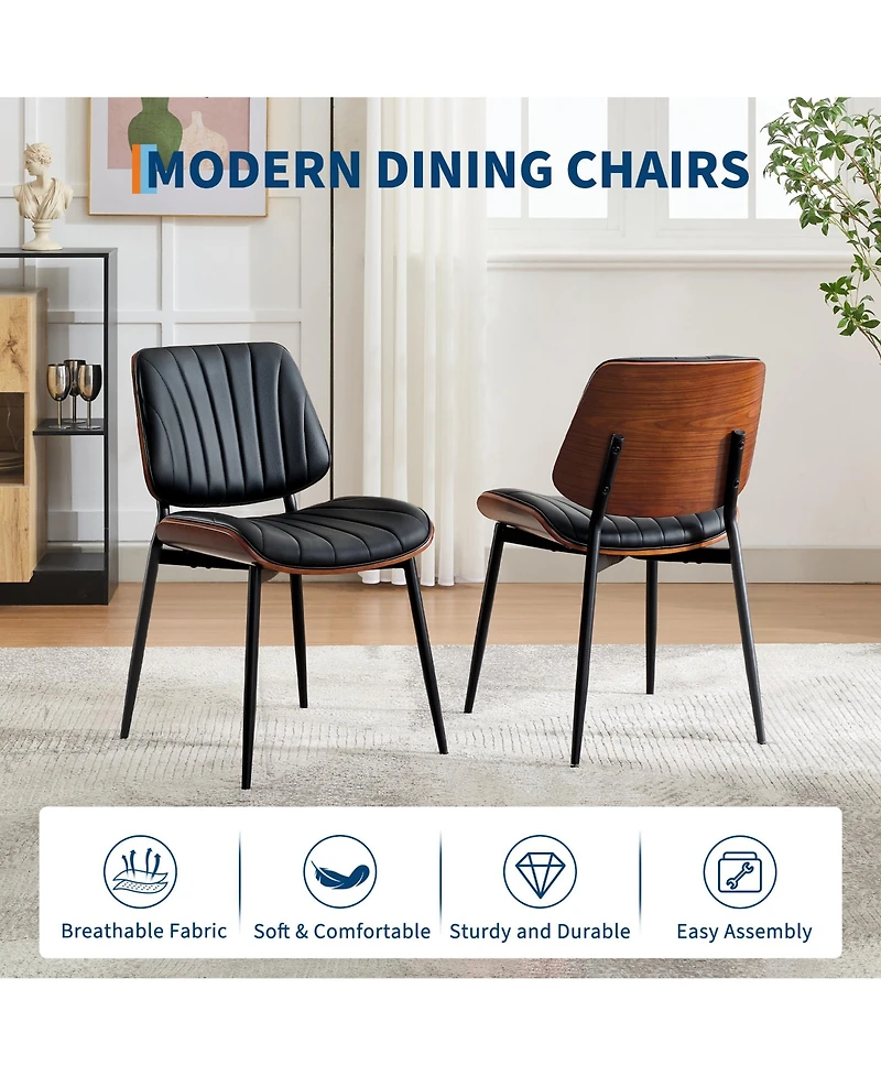 homfan Set of 2 Modern Boho Dining Chairs - Pu Leather Upholstered, Curved Walnut Backrest - Ergonomic - Mid-Century Accent Side Chairs
