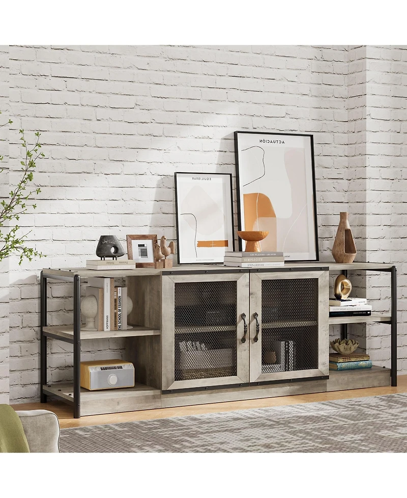 homfan Industrial Farmhouse Tv Stand for 65 Inch Tv, Deep Media Console with Mesh Doors and Shelves, Metal Frame Entertainment