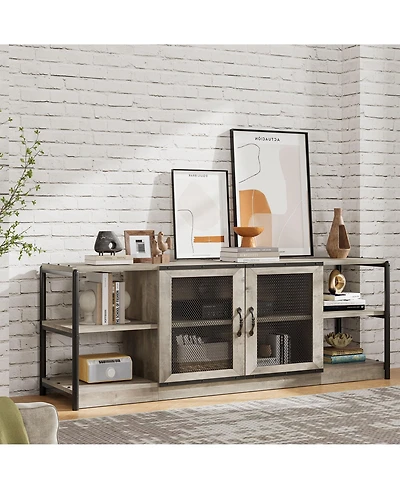 homfan Industrial Farmhouse Tv Stand for 65 Inch Tv, Deep Media Console with Mesh Doors and Shelves, Metal Frame Entertainment