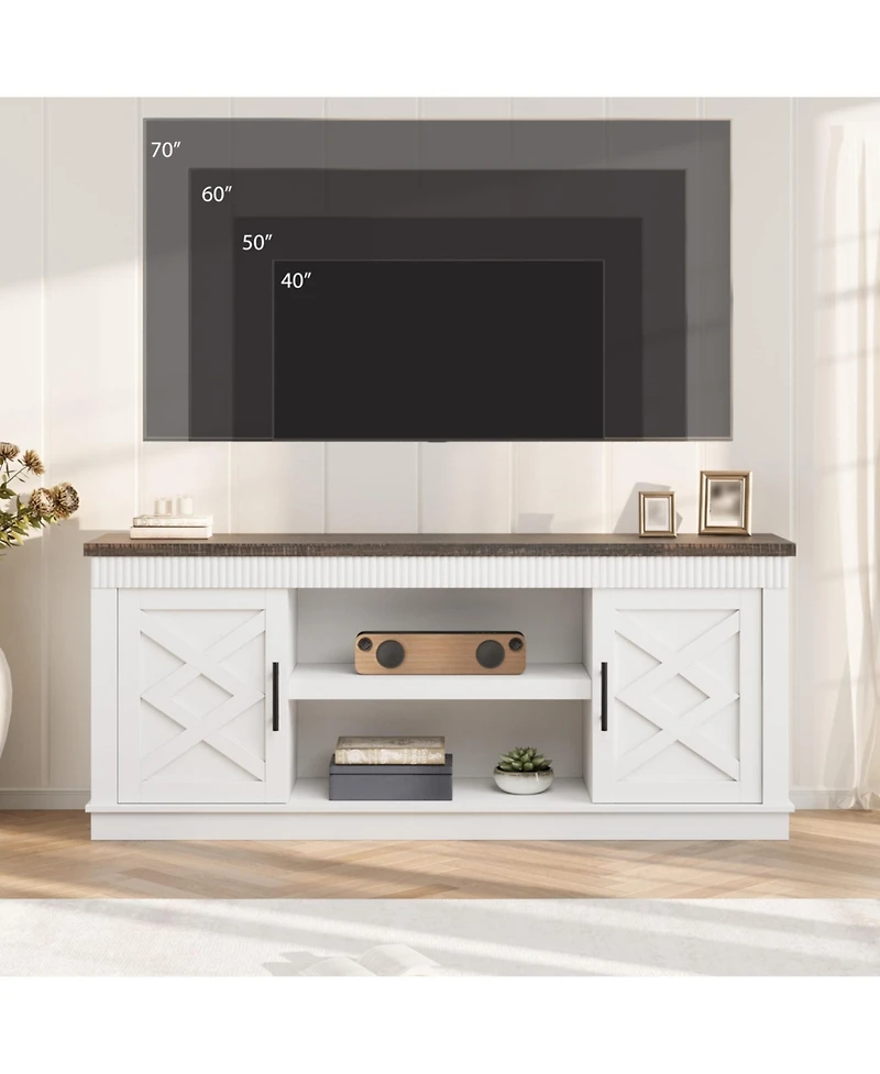 homfan Farmhouse Tv Stand, 65inch Console Table for 65-70 Inch TVs, Fluted Design, 2 Doors and Open Shelves, Versatile Media Table for Living Room