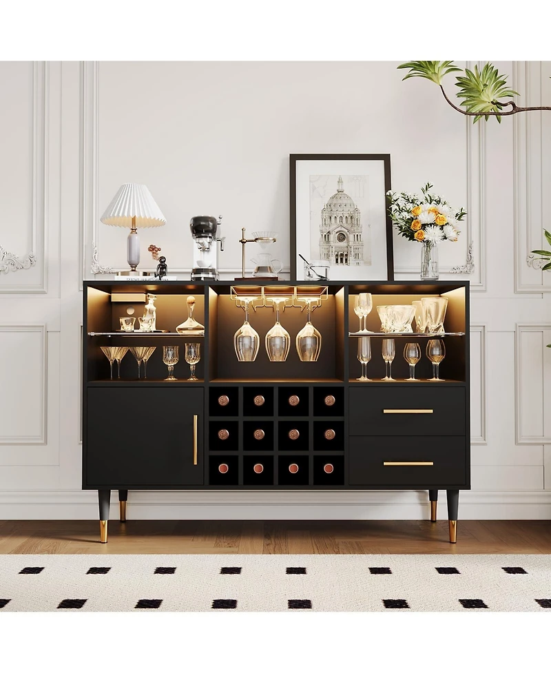 homfan 47" Coffee Bar Cabinet Charging Station and Rgb Led Light, Wood Liquor Storage for Dining Room or Living Room