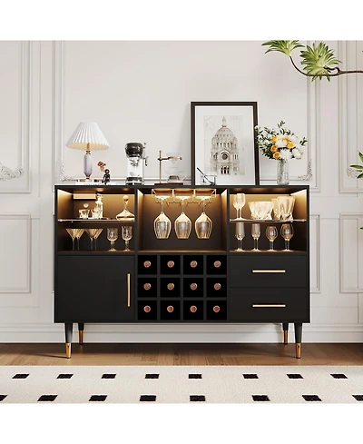 homfan 47" Coffee Bar Cabinet Charging Station and Rgb Led Light, Wood Liquor Storage for Dining Room or Living Room