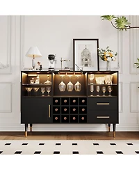 homfan 47" Coffee Bar Cabinet Charging Station and Rgb Led Light, Wood Liquor Storage for Dining Room or Living Room