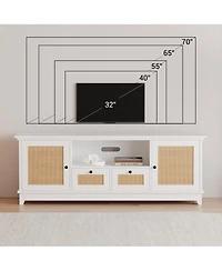 homfan Modern Rattan Entertainment Console, Engineered Wood Tv Stand with Metal Handles, Multi-Functional Storage Media Cabinet