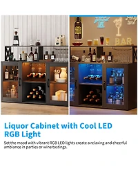 homfan Led Wine Cabinet with Glass Display, Freestanding Bar Cabinet with Storage Shelves for Dining Room Living Room Kitchen