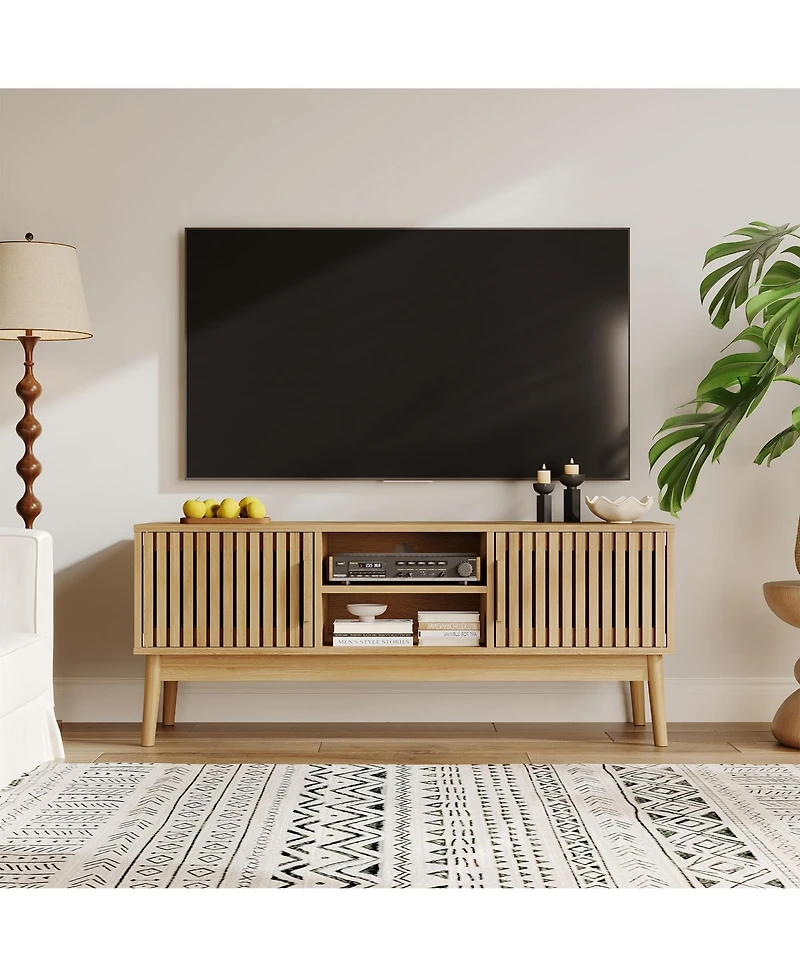 homfan Boho Tv Stand for Living Room, Modern Entertainment Center for TVs Up to 50 Inch, Television Console with Fluted Door Storage Cabinet