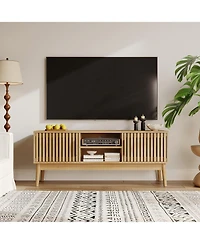 homfan Boho Tv Stand for Living Room, Modern Entertainment Center for TVs Up to 50 Inch, Television Console with Fluted Door Storage Cabinet