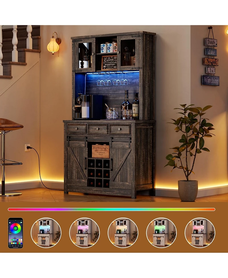 homfan Farmhouse Coffee Bar Cabinet with Led Lights and Power Outlets - Barn Door Buffet with Wine Storage for Kitchen Dining Room