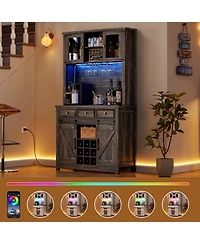 homfan Farmhouse Coffee Bar Cabinet with Led Lights and Power Outlets - Barn Door Buffet with Wine Storage for Kitchen Dining Room