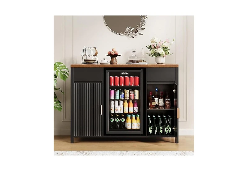 homfan 53" Coffee Bar Cabinet, Charging Station, Mini Fridge Cabinet with Wine Rack, Fluted Liquor Cabinet, Large Buffet Sideboard Table
