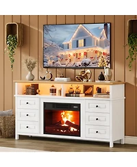 homfan 60"Fireplace Stand for TVs Up to 65", Fireplace with Led Lights, 3D Flame and Heating, Farmhouse Console with Drawers