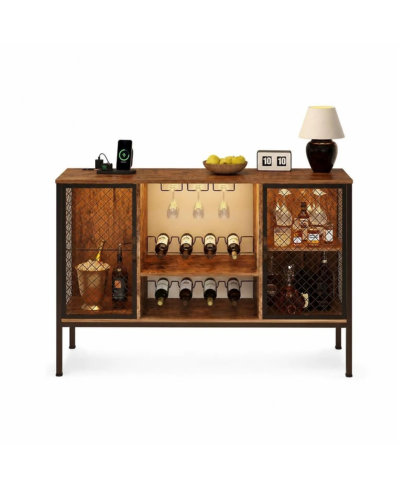 homfan Industrial Wine Bar Cabinet with Led Lights and Power Outlets