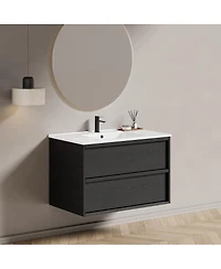 Sillysis Wall Mounted Bathroom Vanity with Ceramic Sink, Soft Close Drawers, Floating Black Cabinet