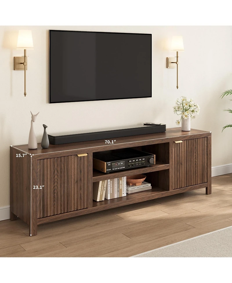 homfan Fluted Tv Stand for 75 inch, 70" Wide Entertainment Center with Adjustable Shelves, Modern and Media Cabinet 2-Tier Storage