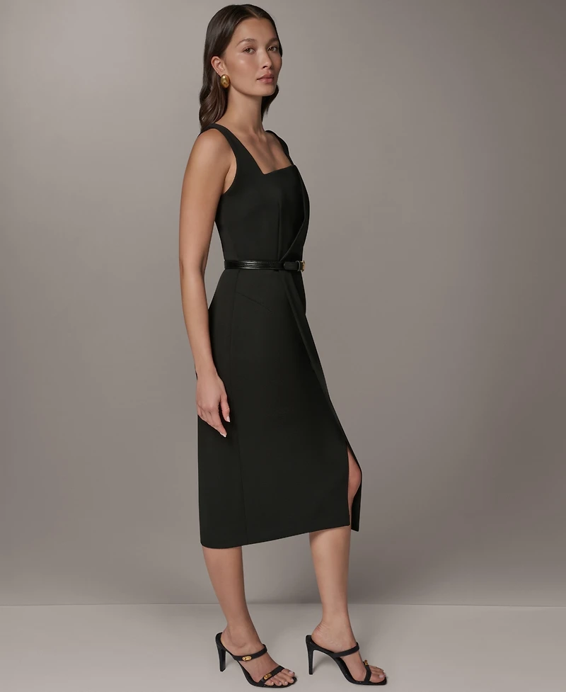 Donna Karan New York Women's Sleeveless Asymmetrical Neck Midi Sheath Dress with Belt