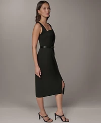 Donna Karan New York Women's Sleeveless Asymmetrical Neck Midi Sheath Dress with Belt