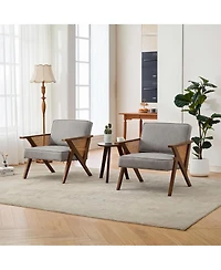 homfan Mid-Century Modern Accent Chair, Linen Upholstered Armchair with Rubberwood Frame and Soft Cushion, Lounge Chair for Living Room, Bedroom
