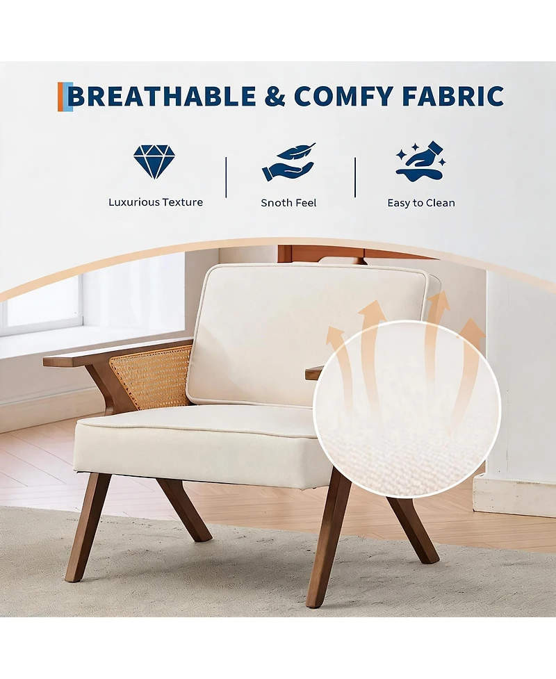 homfan Mid-Century Modern Accent Chair, Linen Upholstered Armchair with Rubberwood Frame and Soft Cushion, Lounge Chair for Living Room, Bedroom