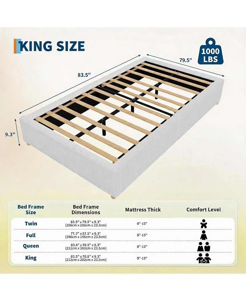 homfan King Size Cloud Bed Frame, Corduroy Bed Frame Without Headboard, Thick Fabric Upholstered Platform Bed, No Box Spring Needed, Easy Assembly